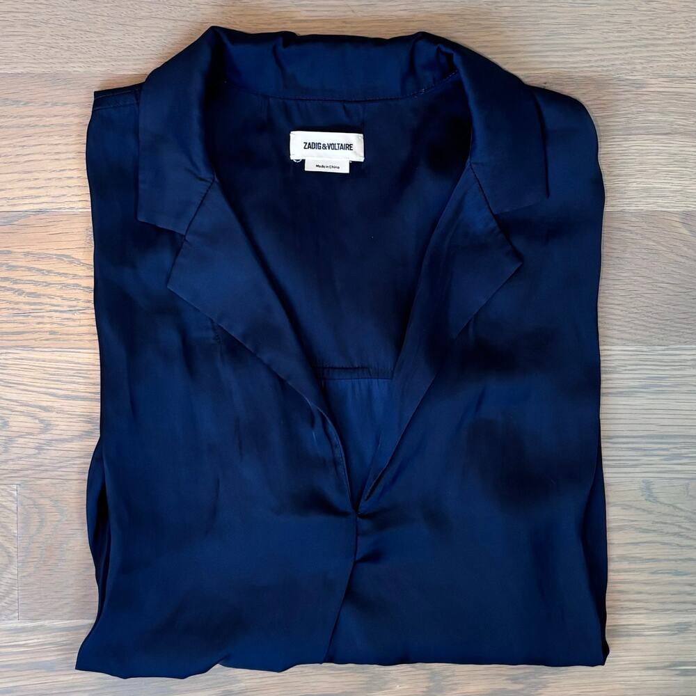 Zadig & Voltaire Tamy Satin Blouse Navy Oversized Quiet Lux Womens Size Small - Picture 10 of 10